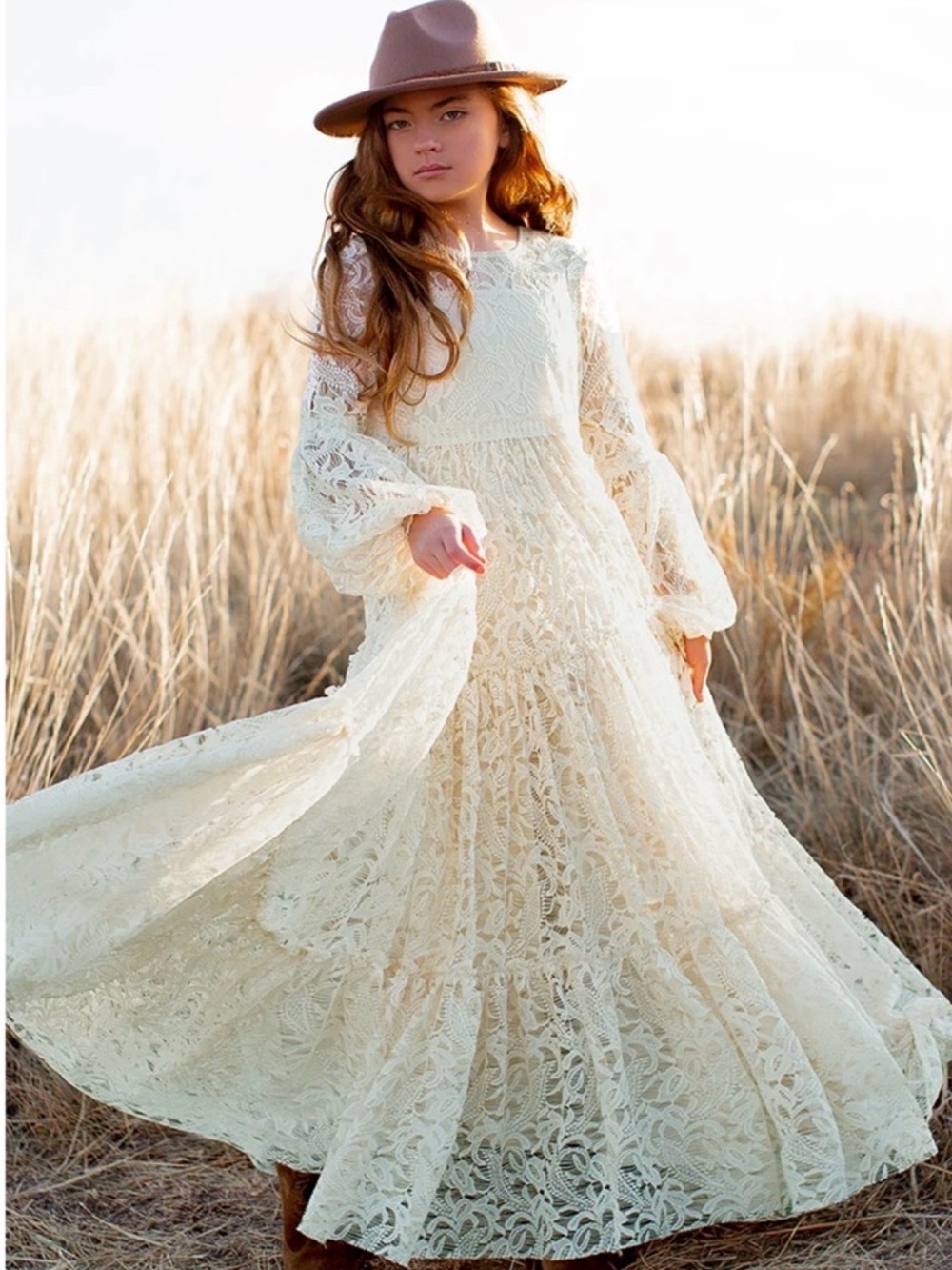 Joyfolie Ecru Cream Ivory Lace Bubble Sleeve Maxi Tiered Dress Girls Size 12 NWT